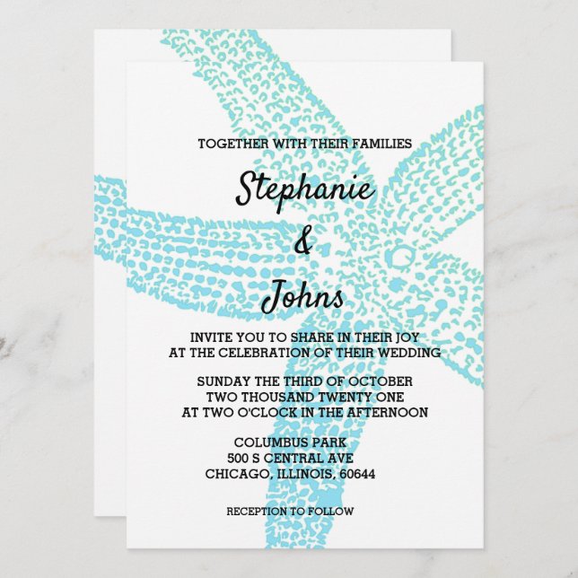 Starfish Nautical Teal Blue White Beach Wedding Invitation (Front/Back)