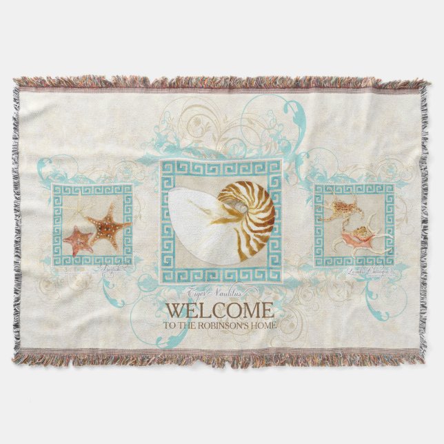Starfish Nautilus Conch Shell Ocean Personalized Throw Blanket (Front)