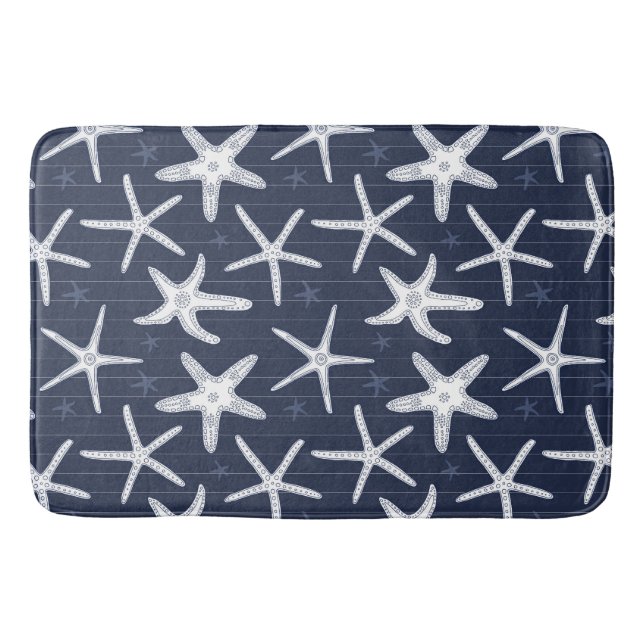 Starfish Navy Blue and White Striped Coastal Bath Mat (Front)