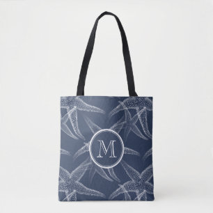 Starfish Navy Blue Monogram Beach Tote Bag