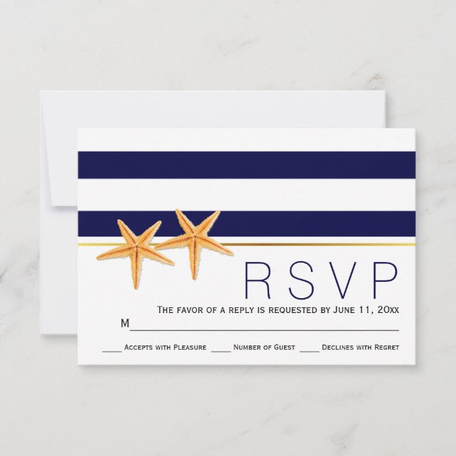 Starfish & navy blue stripes beach wedding RSVP (Front)