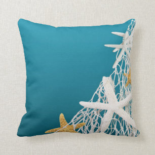 Starfish Netting Beach Wedding   azure blue Throw Pillow