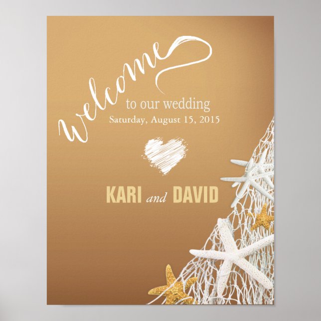 Starfish Netting Beach Wedding Welcome Sign | sand (Front)