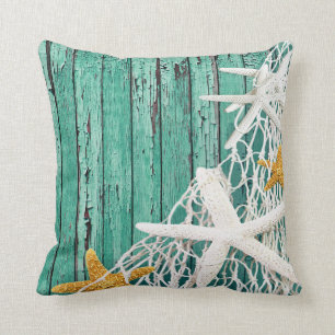 Starfish Netting Beach Wood   aqua Throw Pillow