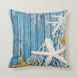 Starfish Netting Beach Wood blue Throw Pillow
