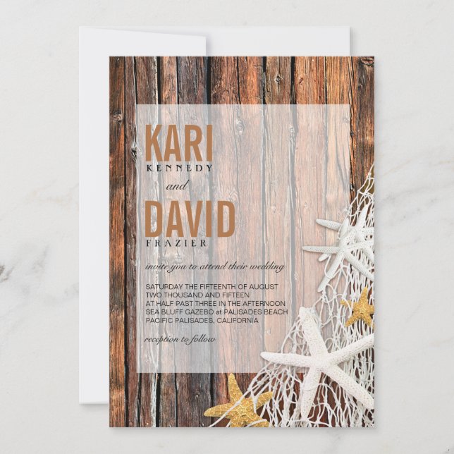 Starfish Netting Beach Wood Wedding | brown Invitation (Front)