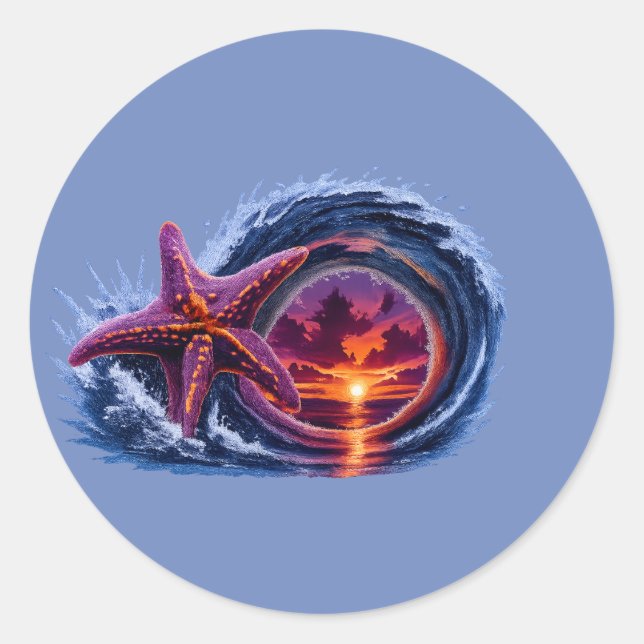 Starfish Ocean Wave Sunset Design | Tropical Coast Classic Round Sticker (Front)