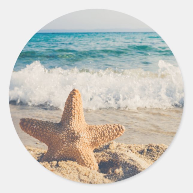 Starfish on a Sandy Beach Photograph Classic Round Sticker (Front)