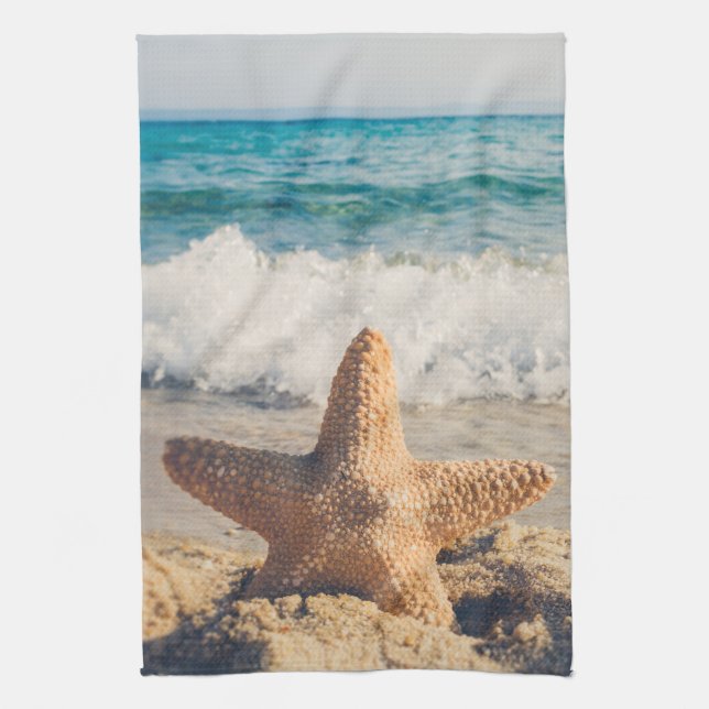 Starfish on a Sandy Beach Photograph Kitchen Towel (Vertical)