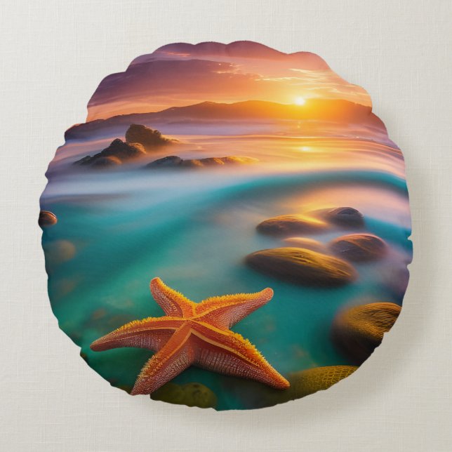 Starfish on beach at Dawn Round Pillow (Front)