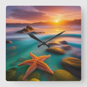 Starfish on beach at Dawn    Square Wall Clock