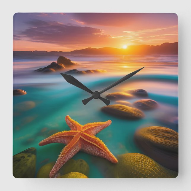 Starfish on beach at Dawn    Square Wall Clock (Front)