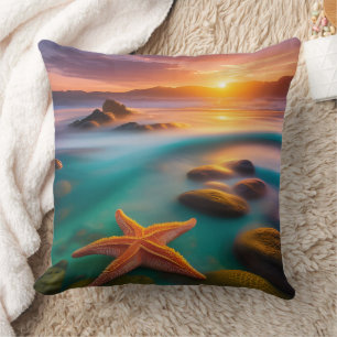 Starfish on beach at Dawn Throw Pillow