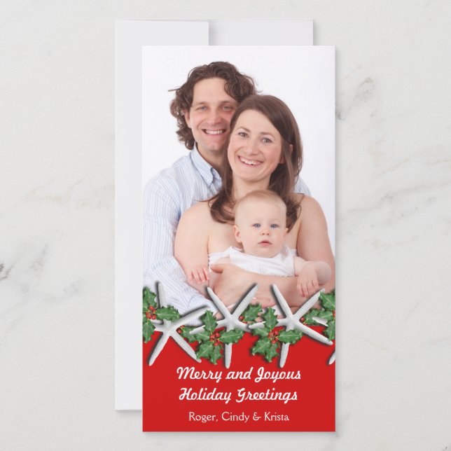 Starfish on Red, Vertical Christmas Photo Card (Front)