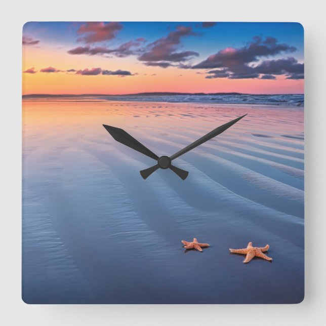 Starfish On Sand Square Wall Clock (Front)