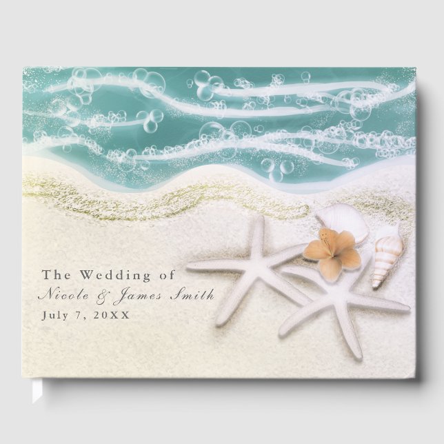 Starfish on the Beach Teal Sea Tropical Wedding Guest Book (Front)