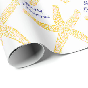 Starfish Orange Navy Blue Merry Christmas Beach Wrapping Paper