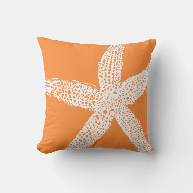 Starfish Orange White Coastal Tropical Art Beach Outdoor Pillow (Front)