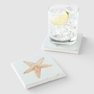 Starfish Painting Blue Stripe Marble Stone Coaster