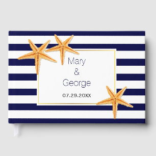 Starfish pair and stripes beach wedding guest book