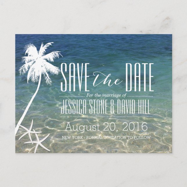 Starfish & Palm Tree Beach Wedding Save the Date Announcement Postcard (Front)