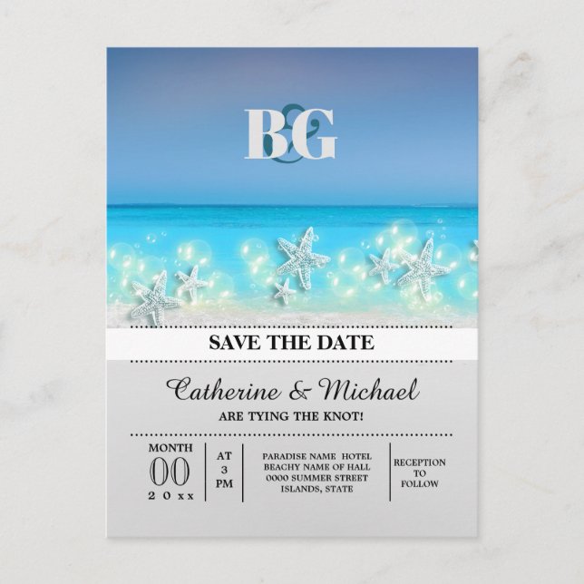 Starfish paradise blue waters tropical save date announcement postcard (Front)