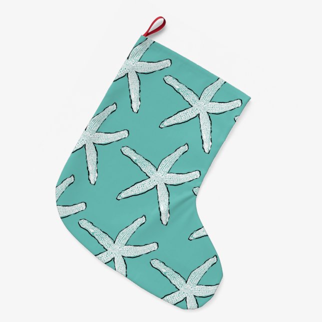 Starfish Pattern Beach Coastal Teal Blue Christmas Large Christmas Stocking (Front (Hanging))