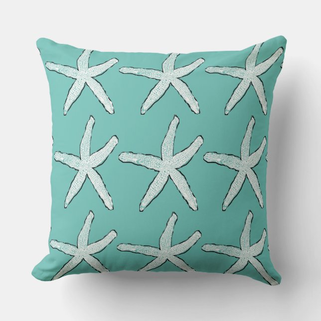 Starfish Pattern Beach Coastal Teal Blue Cotton Throw Pillow (Front)