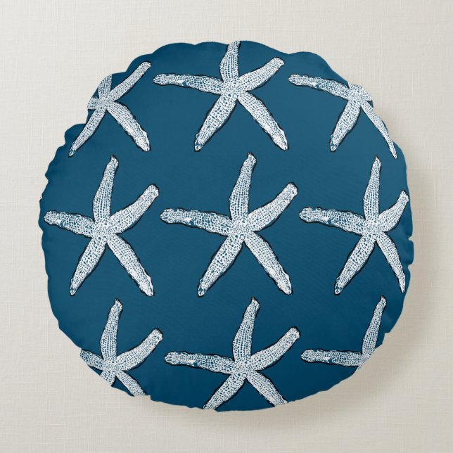 Starfish Pattern Beach Ocean Blue Christmas 2020 Round Pillow (Front)