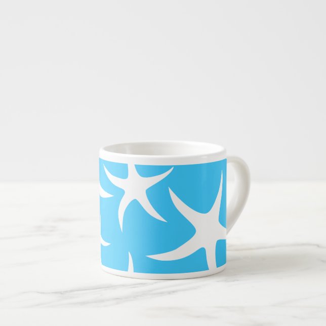 Starfish Pattern, Bright Turquoise Blue and White. Espresso Cup (Front Right)