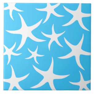 Starfish Pattern, Bright Turquoise Blue and White. Tile