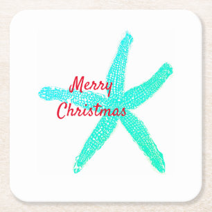 Starfish Pattern Green Blue Red Merry Christmas Square Paper Coaster