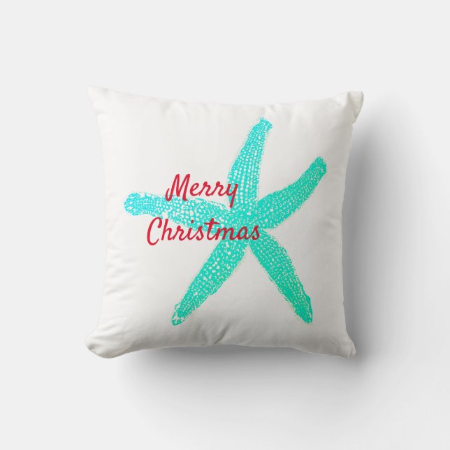 Starfish Pattern Green Blue Red Merry Christmas Throw Pillow (Front)