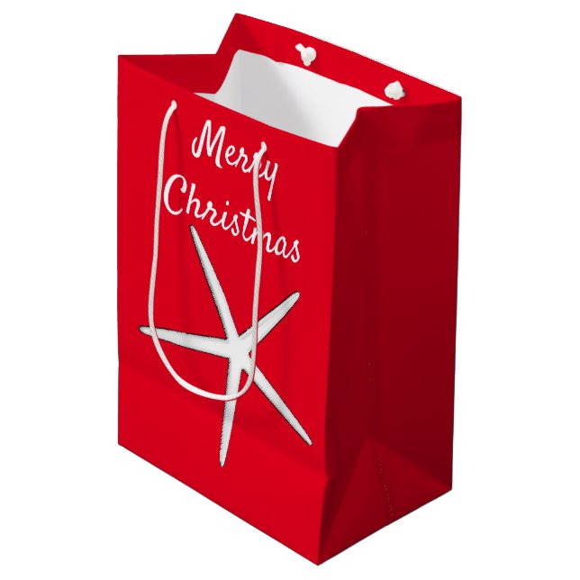 Starfish Pattern Red White Beach Merry Christmas Medium Gift Bag (Front Angled)
