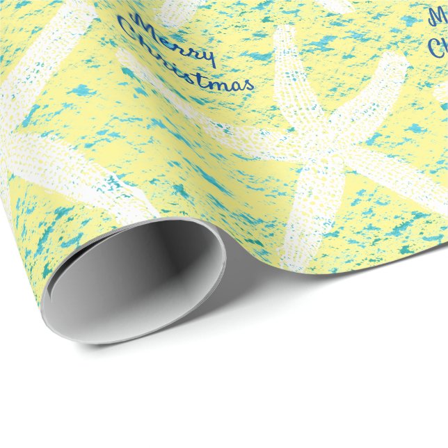 Starfish Pattern Teal Yellow Beach Merry Christmas Wrapping Paper (Roll Corner)