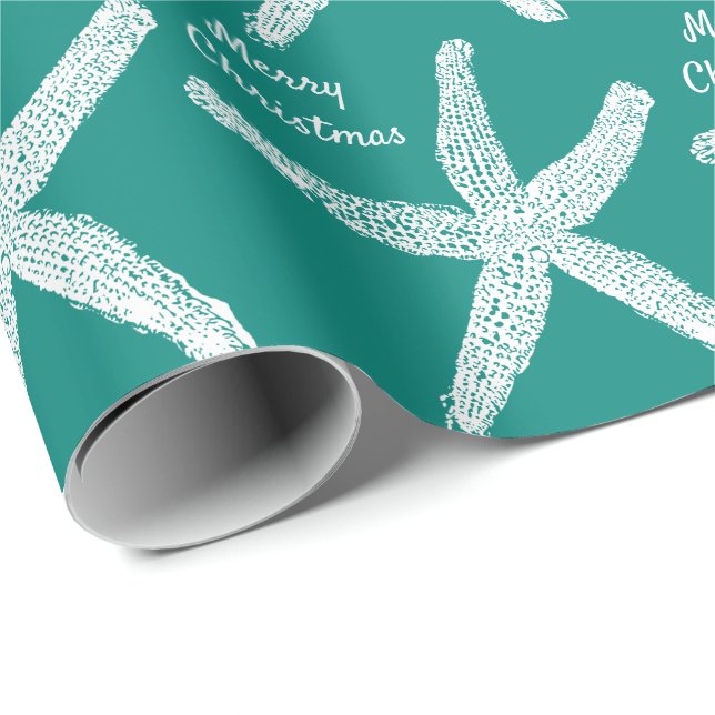 Starfish Patterns Dark Teal Merry Christmas 2023 Wrapping Paper (Roll Corner)