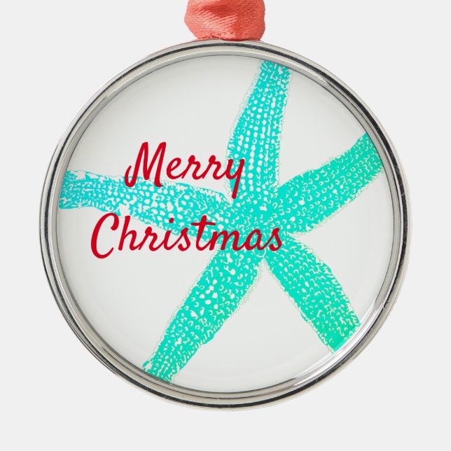 Starfish Patterns Green Blue Red Merry Christmas Metal Ornament (Front)