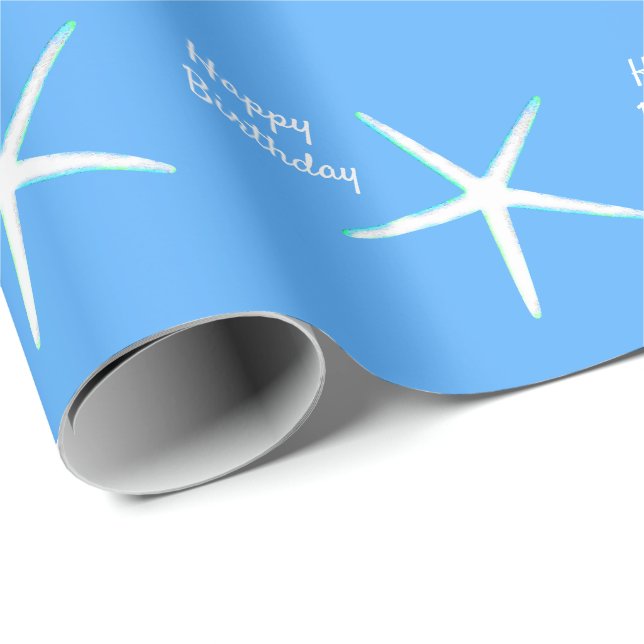 Starfish Patterns Happy Birthday Nautical Blue Wrapping Paper (Roll Corner)