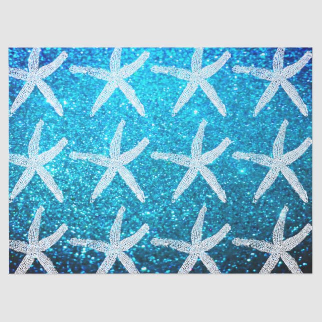 Starfish Patterns Nautical Beach Glitter Blue Cute Tissue Paper (Front)