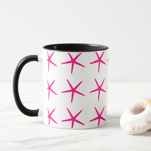 Starfish Patterns Pink White Black Nautical Cute Mug (With Donut)
