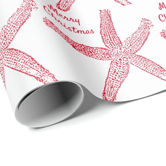 Starfish Patterns Red White Merry Christmas Beach Wrapping Paper (Roll Corner)