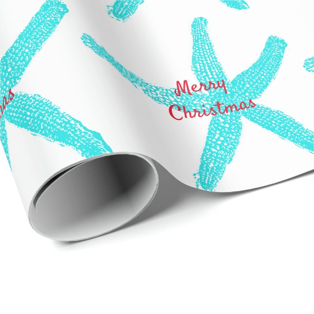 Starfish Patterns Teal Red Beach Merry Christmas Wrapping Paper (Roll Corner)