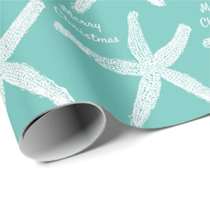 Starfish Patterns Teal White Beach Merry Christmas Wrapping Paper
