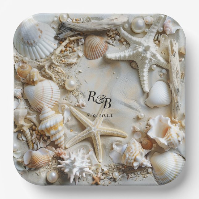 Starfish Pearls Seashells Driftwood Beach Paper Plate (Front)