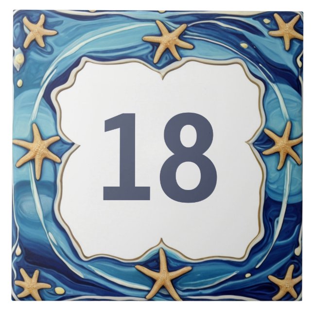 Starfish Personalized Beach House Number Sign Tile (Front)
