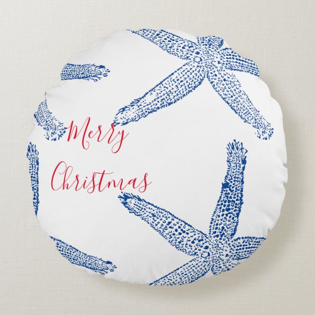 Starfish Red Blue White Beach Merry Christmas Round Pillow (Front)