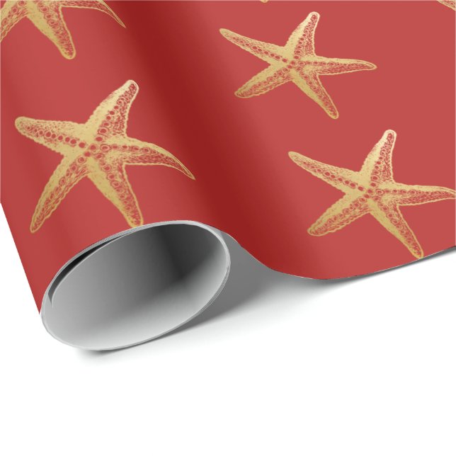 Starfish Red Gold Beach Holiday Christmas Wrapping Paper (Roll Corner)