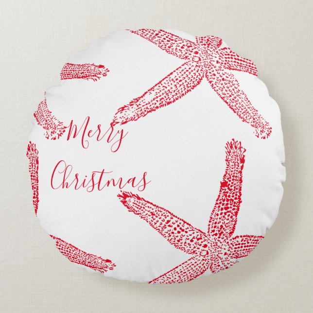 Starfish Red White Beach Merry Christmas Elegant Round Pillow (Front)