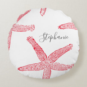 Starfish Red White Beach Name Template Christmas Round Pillow