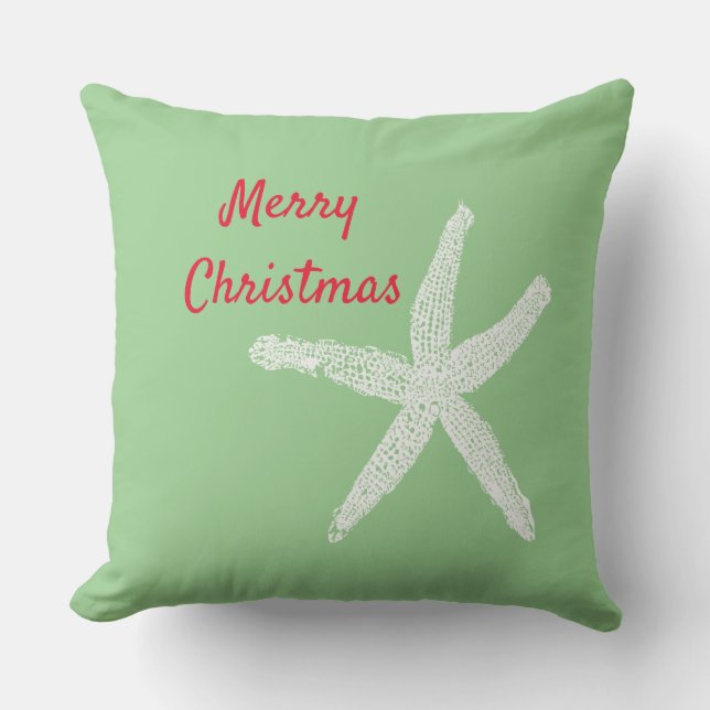 Starfish Red White Green Beach Merry Christmas Outdoor Pillow (Front)